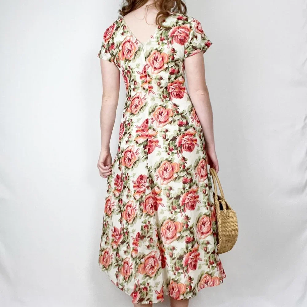Vintage Floral Fit & Flare Pleated Button Up Midi Maxi Dress Spring Summer Sun - Picture 3 of 6